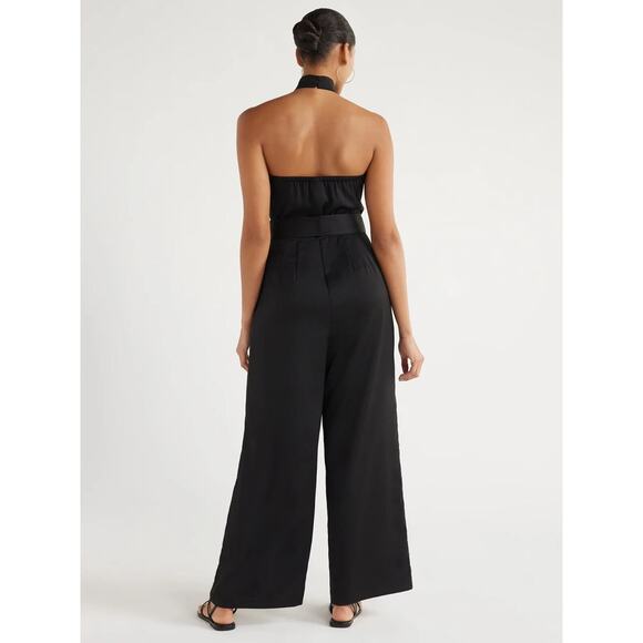 Scoop Womens Halter Satin Wrap Jumpsuit Wide Leg Sleeveless Black Size XS (0-2) - Picture 2 of 4